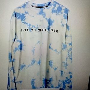 Tommy Hilfiger tie dye logo crew neck sweatshirt in white and blue